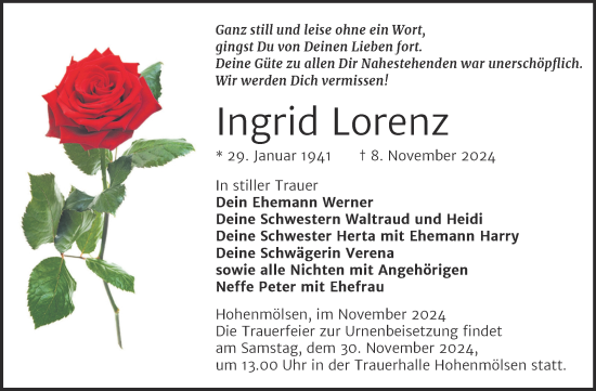 Traueranzeige von Ingrid Lorenz von Trauerkombi Weißenfels