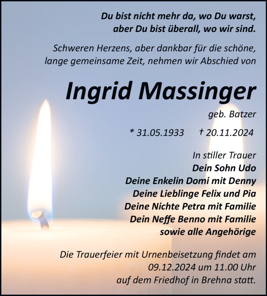Traueranzeige von Ingrid Massinger von Trauerkombi Bitterfeld