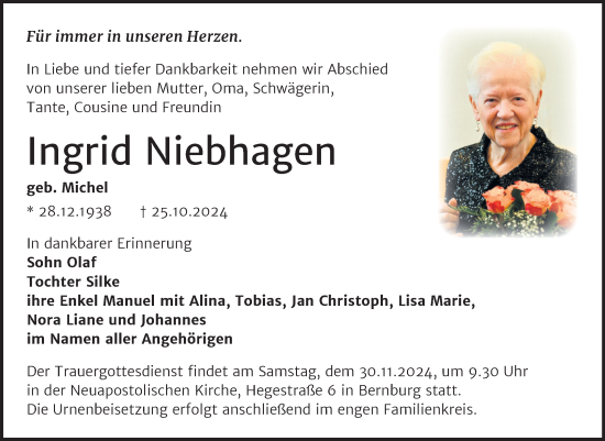 Traueranzeige von Ingrid Niebhagen von Trauerkombi Bernburg