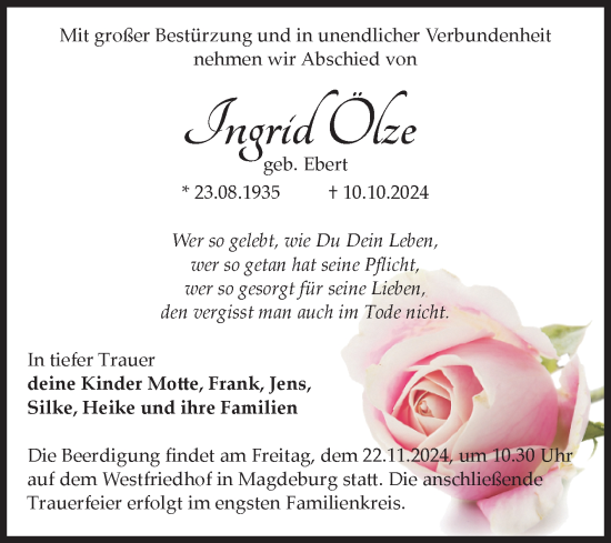 Traueranzeige von Ingrid Ölze von Volksstimme Magdeburg