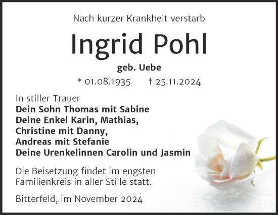 Traueranzeige von Ingrid Pohl von Trauerkombi Bitterfeld