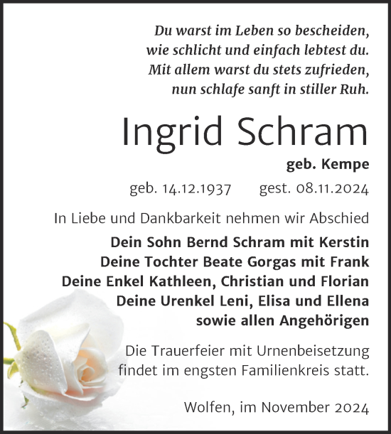 Traueranzeige von Ingrid Schram von Trauerkombi Bitterfeld