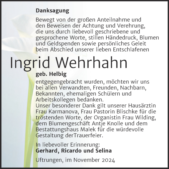 Traueranzeige von Ingrid Wehrhahn von Trauerkombi Sangerhausen