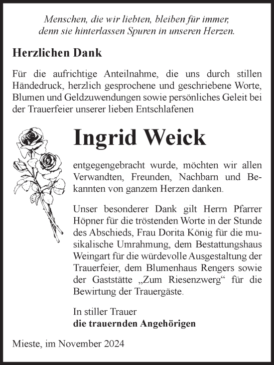 Traueranzeige von Ingrid Weick von Volksstimme Altmark West