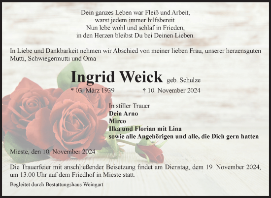 Traueranzeige von Ingrid Weick von Volksstimme Altmark West