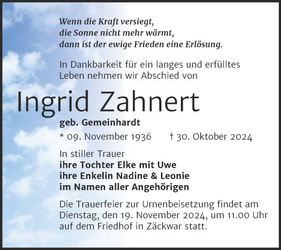 Traueranzeige von Ingrid Zahnert von Super Sonntag Naumburg/Nebra