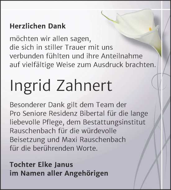 Traueranzeige von Ingrid Zahnert von Super Sonntag Naumburg/Nebra