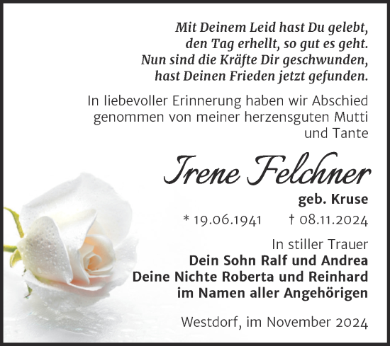 Traueranzeige von Irene Felchner von Trauerkombi Aschersleben