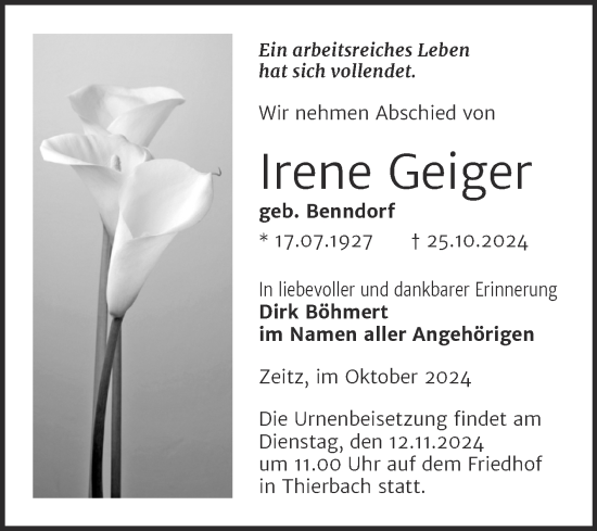 Traueranzeige von Irene Geiger von Trauerkombi Zeitz