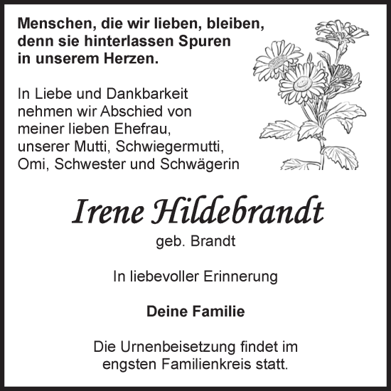 Traueranzeige von Irene Hildebrandt von Volksstimme Halberstadt