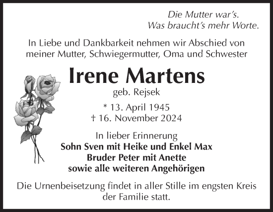 Traueranzeige von Irene Martens von Volksstimme Staßfurt