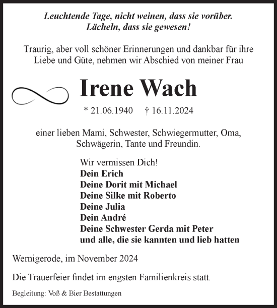 Traueranzeige von Irene Wach von Volksstimme Wernigerode