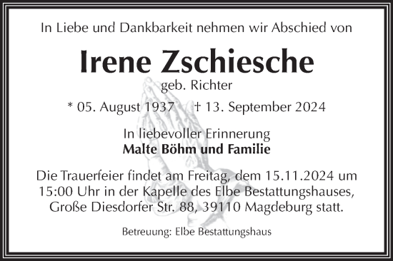 Traueranzeige von Irene Zschiesche von Volksstimme Magdeburg