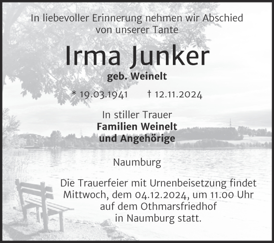 Traueranzeige von Irma Junker von Super Sonntag Naumburg/Nebra