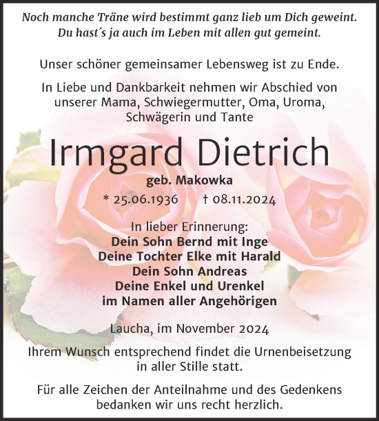 Traueranzeige von Irmgard Dietrich von Super Sonntag Naumburg/Nebra