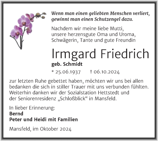 Traueranzeige von Irmgard Friedrich von Trauerkombi Mansfelder Land