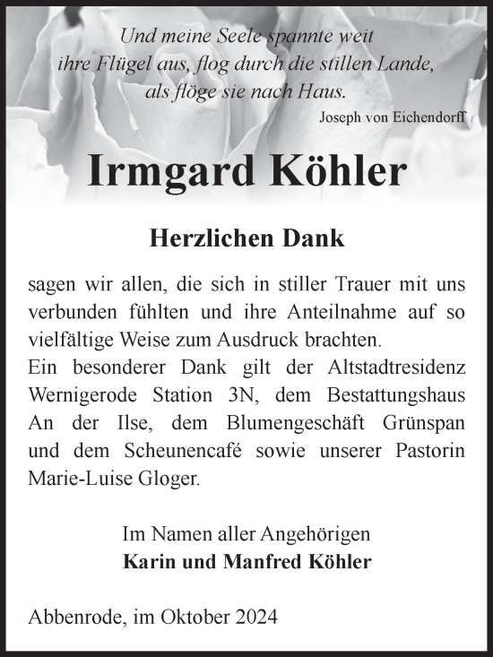 Traueranzeige von Irmgard Köhler von Volksstimme Wernigerode