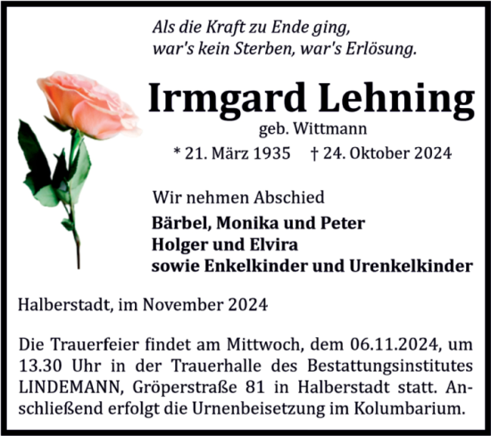 Traueranzeige von Irmgard Lehning von Volksstimme Halberstadt
