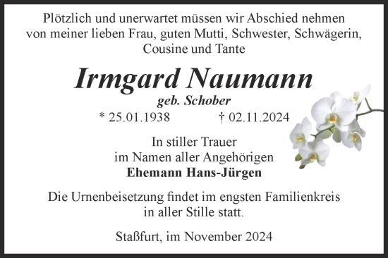 Traueranzeige von Irmgard Naumann von Volksstimme Staßfurt