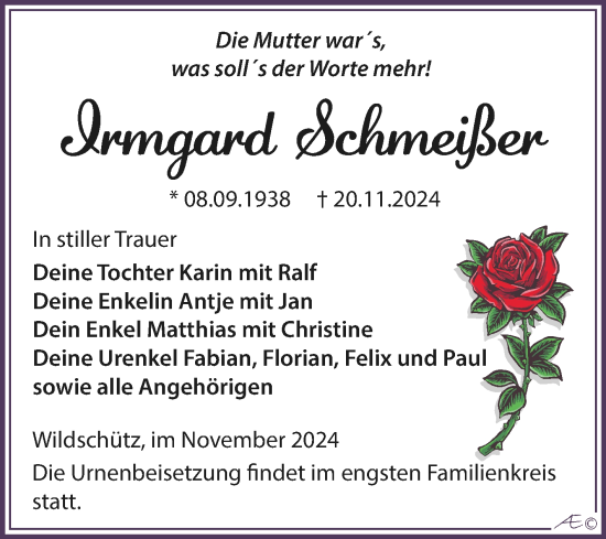 Traueranzeige von Irmgard Schmeißer von Trauerkombi Weißenfels