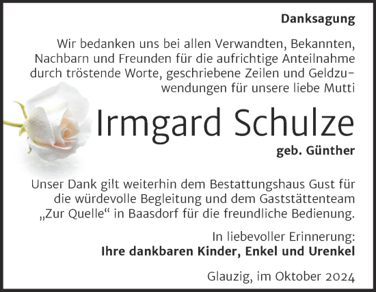 Traueranzeige von Irmgard Schulze von Trauerkombi Köthen