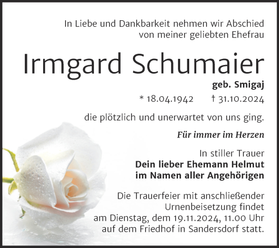 Traueranzeige von Irmgard Schumaier von Trauerkombi Bitterfeld