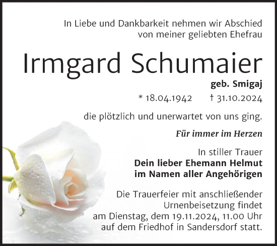 Traueranzeige von Irmgard Schumaier von Trauerkombi Bitterfeld