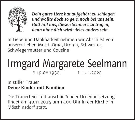 Traueranzeige von Irmgard Margarete Seelmann von Mitteldeutsche Zeitung Halle/Saalkreis