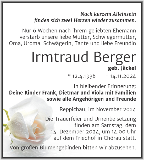 Traueranzeige von Irmtraud Berger von Trauerkombi Köthen