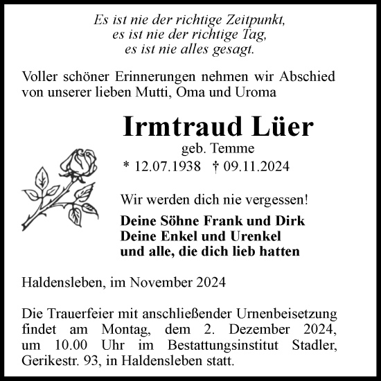 Traueranzeige von Irmtraud Lüer von Volksstimme Haldensleben/Wolmirstedt