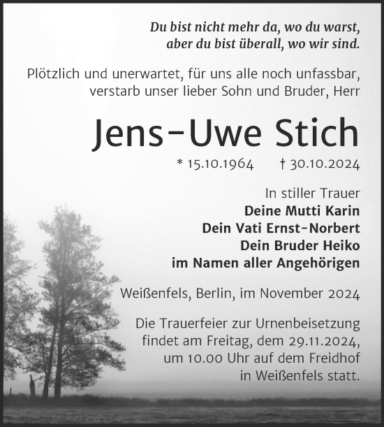 Traueranzeige von Jens-Uwe Stich von Trauerkombi Weißenfels