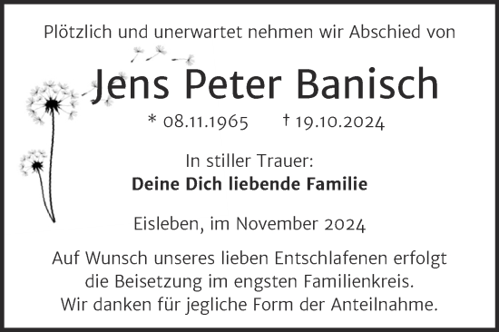 Traueranzeige von Jens Peter Banisch von Trauerkombi Mansfelder Land