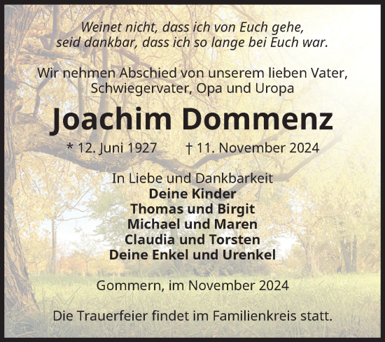 Traueranzeige von Joachim Dommenz von Volksstimme Burg/Genthin