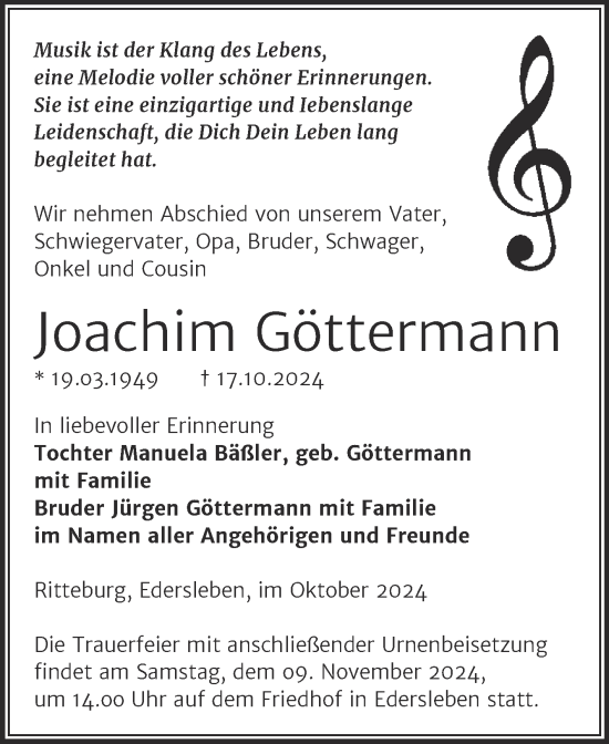 Traueranzeige von Joachim Göttermann von Trauerkombi Sangerhausen