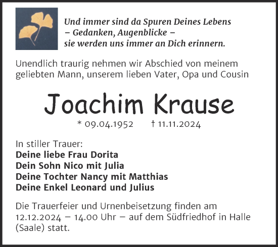 Traueranzeige von Joachim Krause von Mitteldeutsche Zeitung Halle/Saalkreis