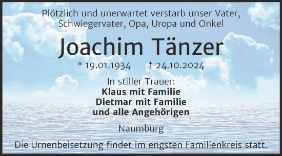Traueranzeige von Joachim Tänzer von Super Sonntag Naumburg/Nebra