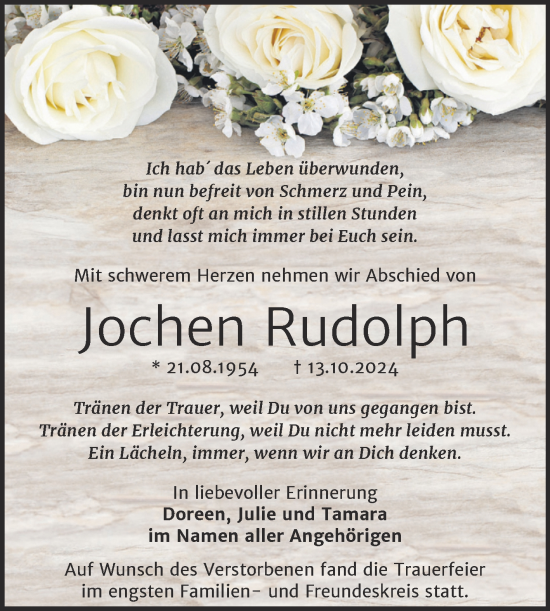 Traueranzeige von Jochen Rudolph von Trauerkombi Weißenfels