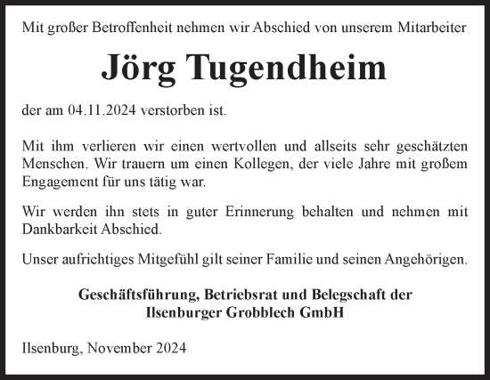 Traueranzeige von Jörg Tugendheim von Volksstimme Wernigerode