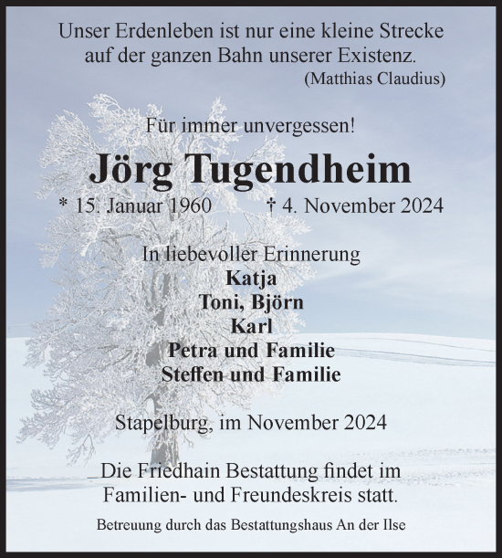 Traueranzeige von Jörg Tugendheim von Volksstimme Wernigerode