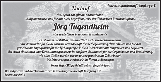 Traueranzeige von Jörg Tugendheim von Volksstimme Wernigerode
