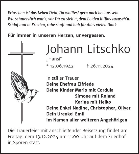 Traueranzeige von Johann Litschko von Trauerkombi Bitterfeld