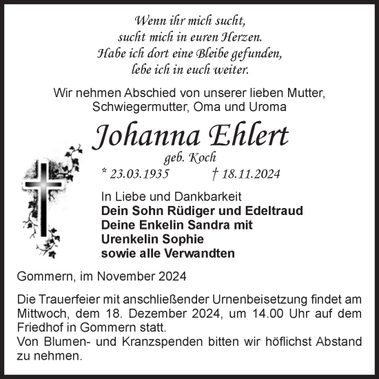 Traueranzeige von Johanna Ehlert von Volksstimme Burg/Genthin