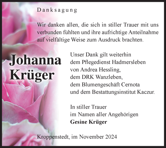 Traueranzeige von Johanna Krüger von Volksstimme Oschersleben/Wanzleben