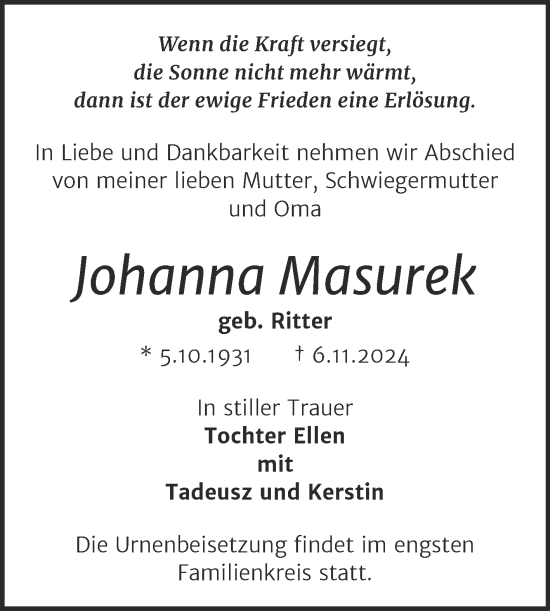 Traueranzeige von Johanna Masurek von Mitteldeutsche Zeitung Halle/Saalkreis