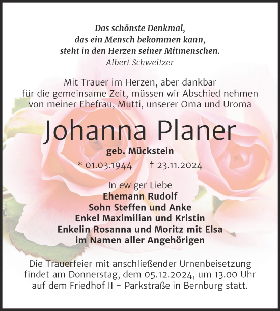 Traueranzeige von Johanna Planer von Trauerkombi Bernburg