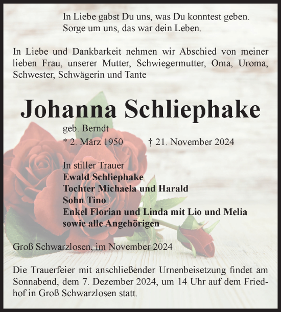 Traueranzeige von Johanna Schliephake von Volksstimme Altmark Ost