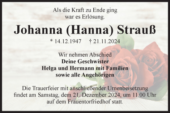 Traueranzeige von Johanna Strauß von Volksstimme Zerbst