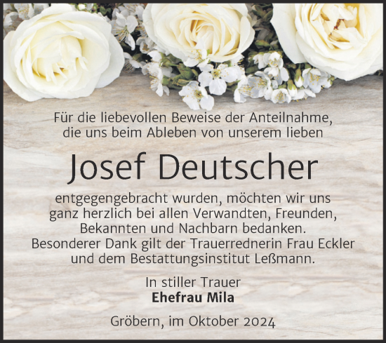 Traueranzeige von Josef Deutscher von Trauerkombi Bitterfeld