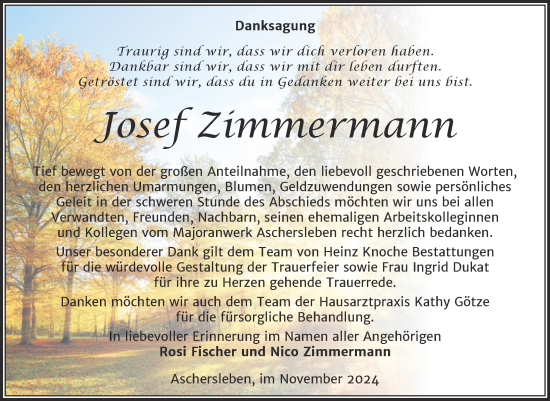 Traueranzeige von Josef Zimmermann von Trauerkombi Aschersleben
