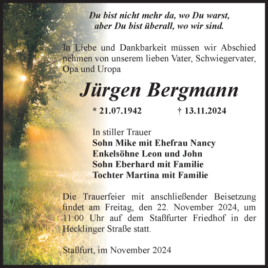 Traueranzeige von Jürgen Bergmann von Volksstimme Staßfurt